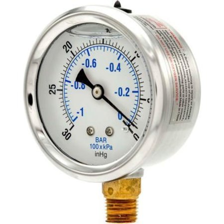 ENGINEERED SPECIALTY PRODUCTS, INC Pic Gauges 2-1/2" Vacuum Gauge, Liquid Filled, 15 PSI, Stainless Case, Lower Mount, PRO-201L-254A PRO-201L-254A